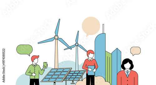 Renewable energy teamwork: sustainable future with solar panels and wind turbines
