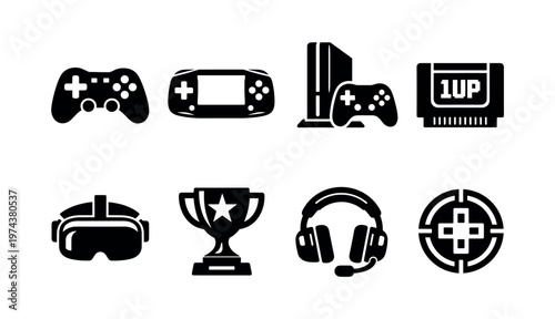 Gaming equipment icons silhouette collection featuring controllers consoles headset trophy vector elements