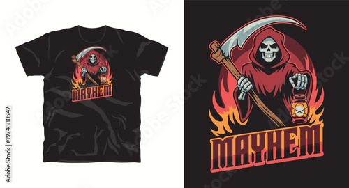 Grim reaper holding lantern with flames and mayhem text.