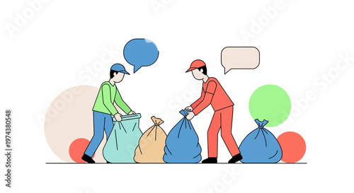 Cartoon workers sorting trash bags with speech bubbles for recycling and environmental awareness