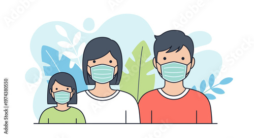 Family wearing face masks with nature background in flat style