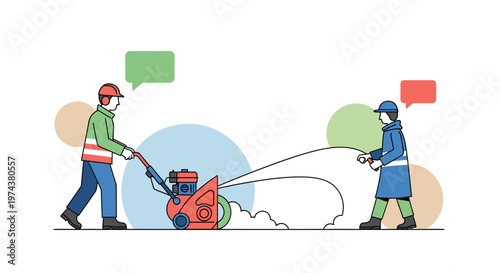Workers clearing snow with machine and shovel in minimalist style