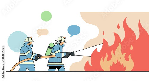 Firefighters controlling blaze with hoses in modern flat design
