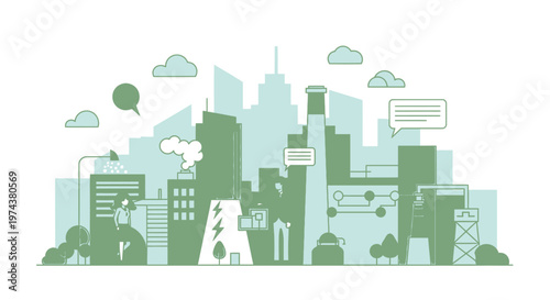 Eco-friendly cityscape with sustainable energy elements and modern urban life