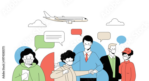 Travel safety during pandemic: diverse group, masks, conversation, airplane, flat design