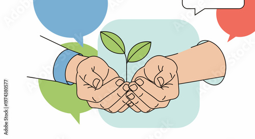 Collaborative growth: hands nurturing a seedling with colorful speech bubbles