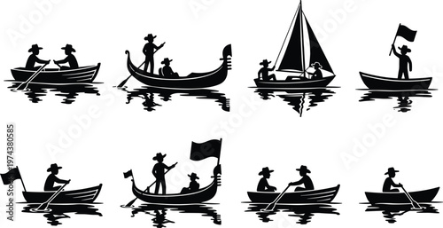 WebSet of boat silhouettes featuring people rowing, gondola with oarsman, sailing yacht, and fishermen with flags isolated on white background