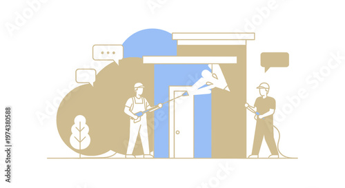 Professional exterior cleaning team using high pressure water in home maintenance scene