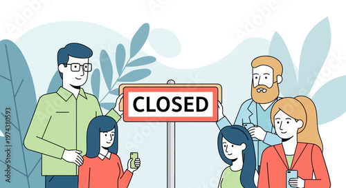 Family holding closed sign in linear style with leaf background