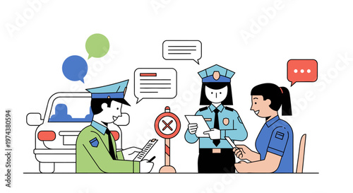 Traffic police interaction scene in modern flat design with officers, citizen, and car