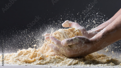 Hands Holding Dough with Flour Explosion Baking Scene