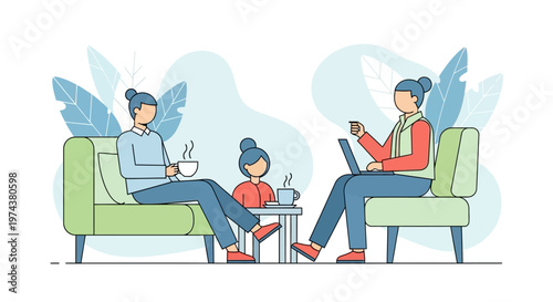 Family time: relaxed coffee and conversations at home in a modern setting