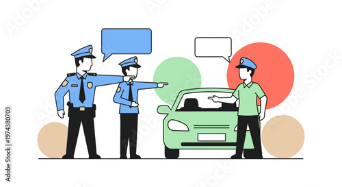 Cartoon policemen and driver in traffic stop scene with speech bubbles