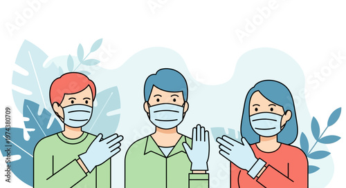 Group of diverse people wearing masks and gloves in a flat design with leaf background