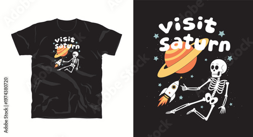Visit saturn space exploration design with skeleton and rocket on black t-shirt.