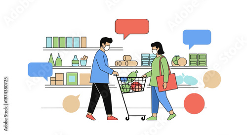 Flat design shopping scene with shoppers wearing masks and dialogue bubbles