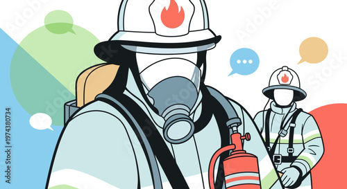 Abstract firefighters in action: modern flat design with speech bubbles