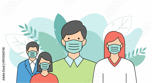 Flat design people wearing face masks with foliage background for health awareness