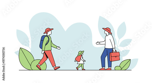 Family outing in nature with line art style