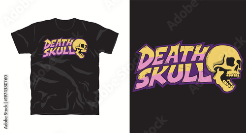 Death skull typography and mascot illustration for streetwear t-shirt design.