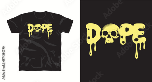 Dope skull dripping text design for urban style black t-shirt mockup.