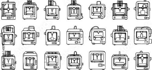Technology 3D Printers Line Art Vector Icons Set. Black and White Outline Glyph Collection for Additive Manufacturing, Engineering, and Innovation.