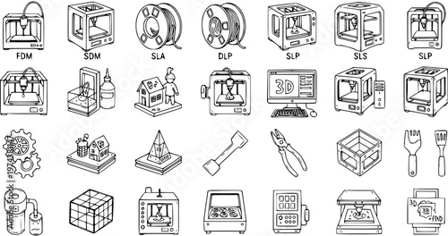 Hand-drawn 3D Printing Technology Icons Set. Line Art Sketch of Additive Manufacturing Printers, Filaments, Tools, and Software.