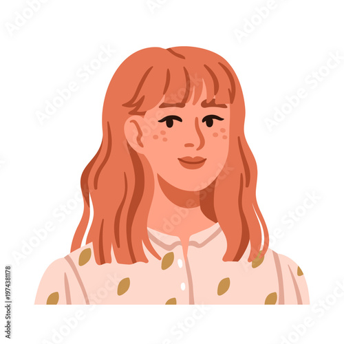 Young woman, head avatar, long hair with fringe and natural curls, waves. Redhead female character, face portrait, pretty girl user profile. Flat vector illustration isolated on white background
