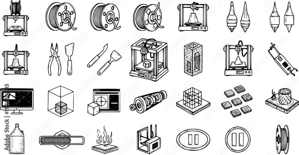 Fototapeta premium 3D Printing Technology Line Art Icons Set - Hand Drawn Additive Manufacturing Tools, Machines, and Filament Elements in Black and White Doodle Style