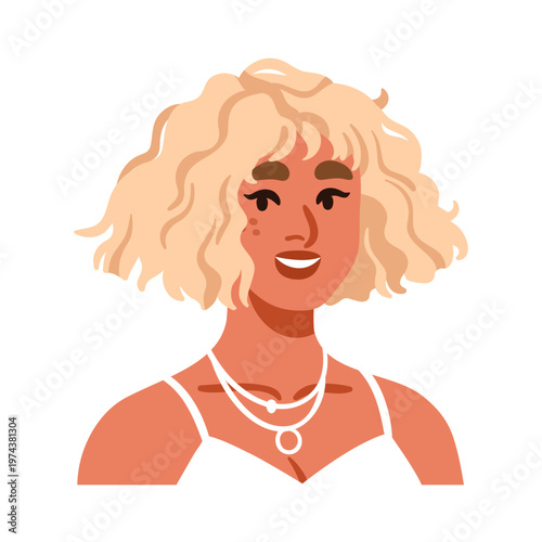Young woman, head portrait. Happy girl with modern hair style, wavy bob cut. ...