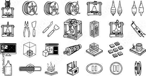 3D Printing Technology Line Art Icons Set - Hand Drawn Additive Manufacturing Tools, Machines, and Filament Elements in Black and White Doodle Style