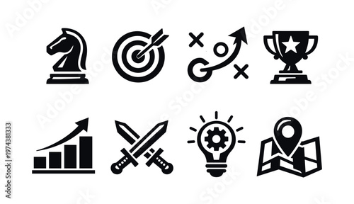 Vector icons of strategy and success including chess knight trophy and lightbulb silhouette