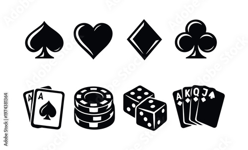 Icon set of playing cards suits and casino elements, black and white vector illustration