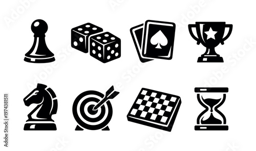Black and white silhouette icons of chess pawns dice cards trophy knight target checkerboard hourglass