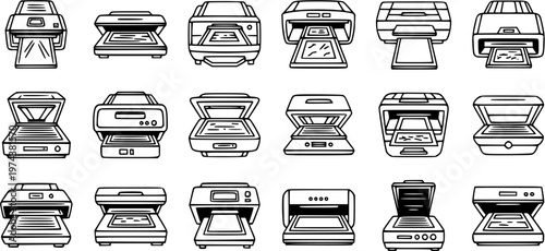 Technology Office Printing and Scanning Equipment Vector Line Art Icons Set: Printers, Scanners, and Multifunction Devices Outline Collection