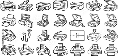 Technology Office Equipment Icons: Black  White Line Art Set of Printers, Scanners, and Multifunction Devices