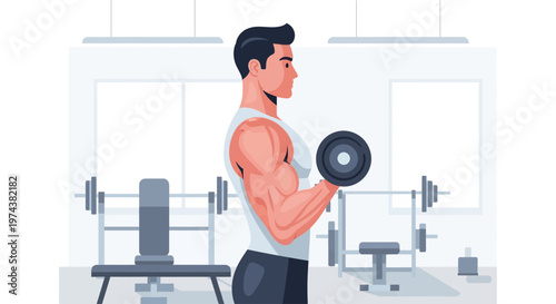 A strong, athletic man focuses on building arm strength by lifting a dumbbell in a clean, modern gym environment, depicted in flat design style.
