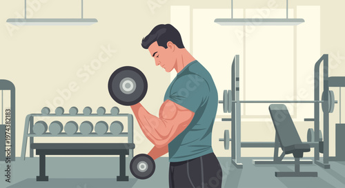 A strong, athletic man focuses on building arm strength by lifting a dumbbell in a clean, modern gym environment, depicted in flat design style.
