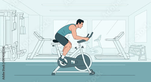 This flat design graphic depicts an athletic man performing a high-intensity cardio workout on a stationary bike in a contemporary gym setting.
