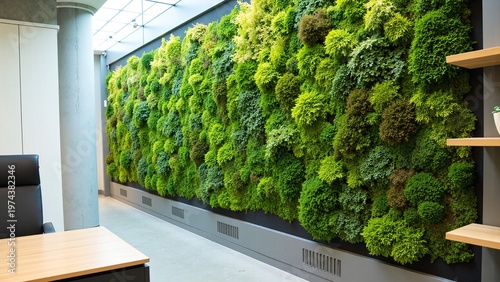 Vibrant Green Moss Wall Panel Elevating Modern Office Biophilic Design