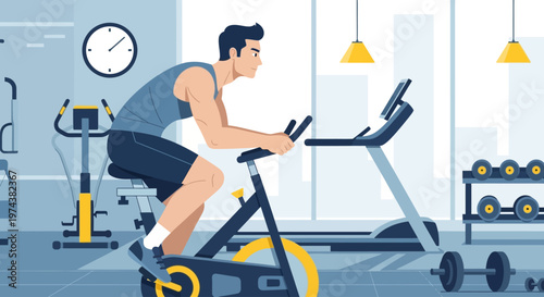 This flat design graphic depicts an athletic man performing a high-intensity cardio workout on a stationary bike in a contemporary gym setting.
