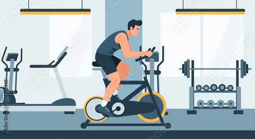 This flat design graphic depicts an athletic man performing a high-intensity cardio workout on a stationary bike in a contemporary gym setting.
