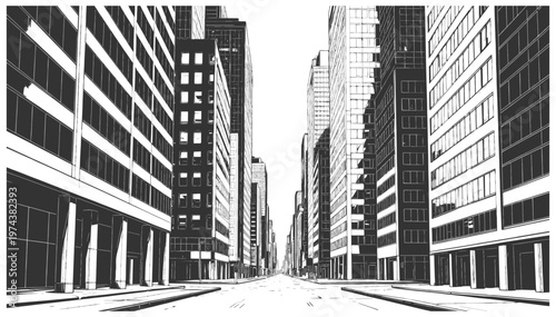 urban illustration of a wide empty downtown street lined with tall office buildings, showing modern city architecture and strong perspective sketch engraving generative ai vector illustration.