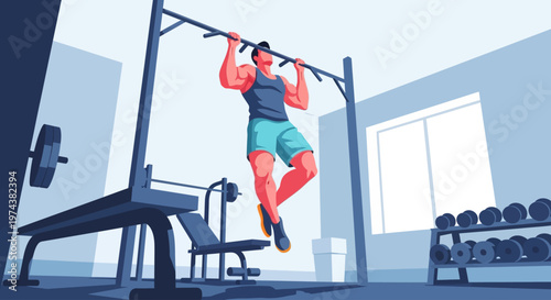 An athletic man builds powerful upper body strength by performing pull-ups on a bar, rendered in a crisp flat design illustration.
