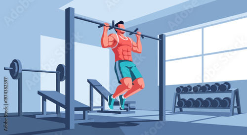 An athletic man builds powerful upper body strength by performing pull-ups on a bar, rendered in a crisp flat design illustration.