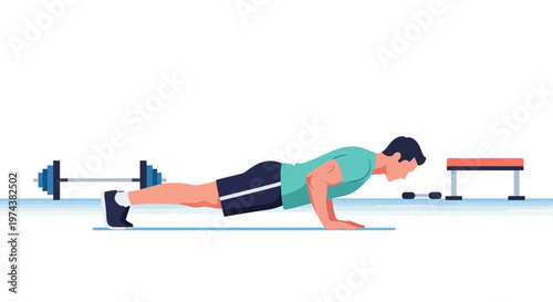This flat design illustration captures an athletic man performing push-ups, demonstrating core stability and upper body strength in a gym.
