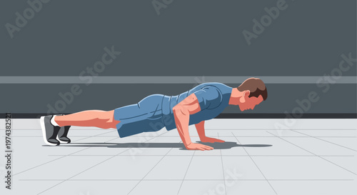 This flat design illustration captures an athletic man performing push-ups, demonstrating core stability and upper body strength in a gym.
