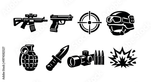 Military weaponry and equipment silhouette vector set including rifle handgun target helmet and grenade