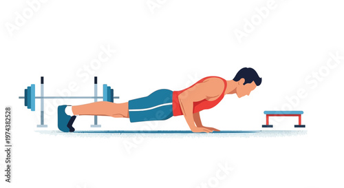 This flat design illustration captures an athletic man performing push-ups, demonstrating core stability and upper body strength in a gym.
