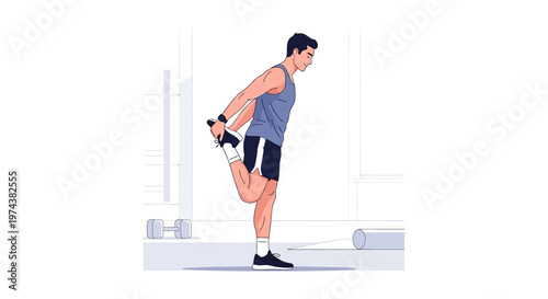 An athletic man performs a post-workout stretch to improve flexibility and aid recovery, presented in a clean flat design illustration